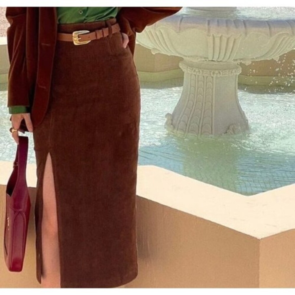 Corduroy Midi Skirt Women Small‎ Brown New High Waist Front Slit with Belt xxs